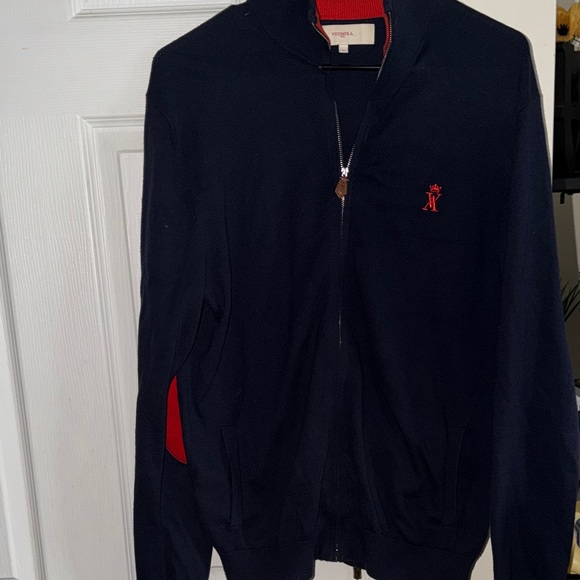 VICOMTE A.Men’sNavy Blue Sweater with Red Accents